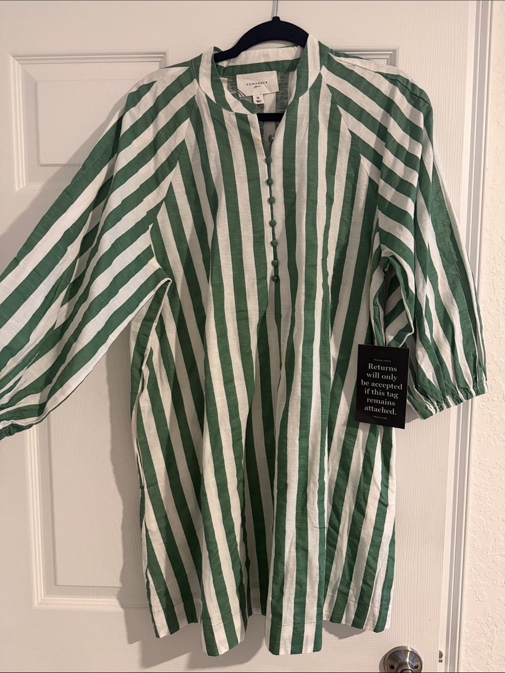 Pomander Place Green and White Striped Button-Front Tunic Shirt